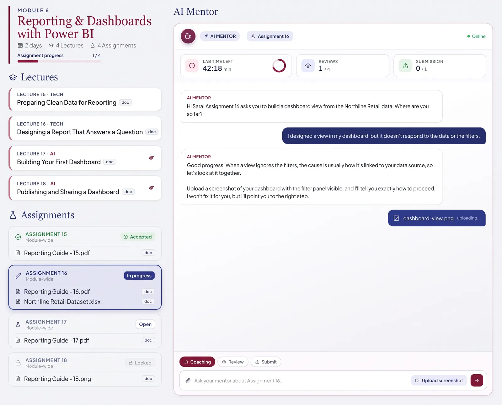 AfterLab student assignment workspace with AI coaching